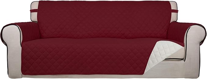 PureFit Reversible Quilted Sofa Cover, Water Resistant Slipcover Furniture Protector, Washable Couch Cover with Non Slip and Elastic Straps for Kids, Pets (Sofa, Red/Ivory)