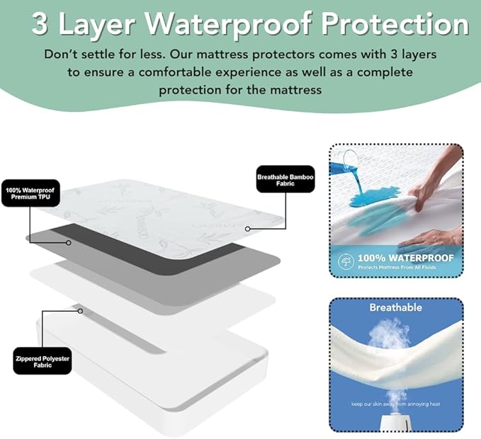 Bamboo Rayon Mattress Protector with Zipper +1 Pillow Protector - 100% Waterproof Cooling Twin XL Size Cover - Ultra Soft Fabric Breathable Noiseless Mattress Pad Covers Zippered Encasement
