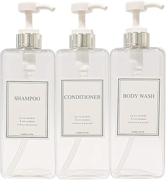 Modern Design Large 27 oz Shampoo and Conditioner Dispensers - Empty Plastic Refillable Pump Bottle Set for Bathroom Shower Soap Dispenser, Set of 3 (Clear & Silver)