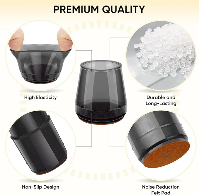 BALEINE 16 Pack Silicone Chair Leg Floor Protectors, Stool Leg Protectors Cap, Non-Slip Chair Leg Caps for Hardwood Floors (Black & Small, 16 Pack)