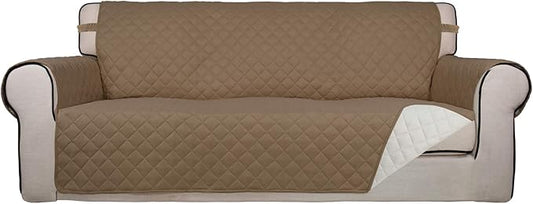PureFit Reversible Quilted Sofa Cover, Water Resistant Slipcover Furniture Protector, Washable Couch Cover with Non Slip Foam and Elastic Straps for Kids, Dogs, Pets (X Large , Camel/Ivory)