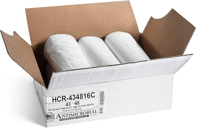 Aluf Plastics High Density Trash Bags, 56 Gallon, 200 Count, 16 Micron (eq), 43" x 48", Clear, for Bathroom, Office, Industrial, Commercial, Janitorial, Municipal, Recycling