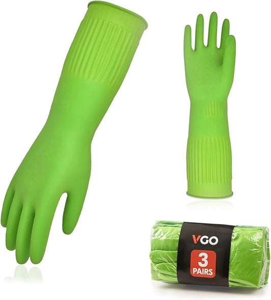 Vgo... 3-Pairs Dishwashing Gloves - Reusable Household, Kitchen, Long Sleeve, Thick Latex, Cleaning, Washing, Working, Painting, Gardening, Pet Care (Size S, Green, RB2143)