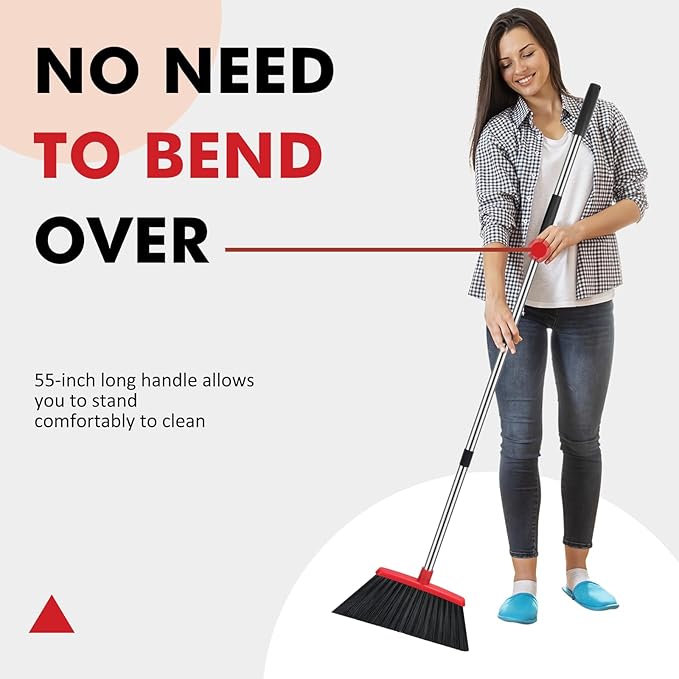 NACENA Heavy Duty Broom, 55 Inch Long Handle Outdoor Large Angle Brooms, Commercial Broom for Sweeping Indoor, for Home Garage Kitchen Office Courtyard Lobby Patio Lawn Concrete, 4 Pack (Black&Red)