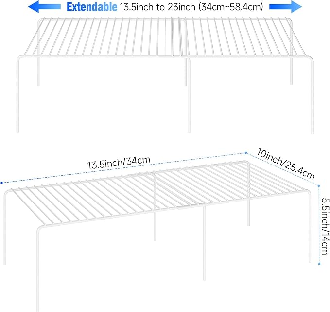 Expandable Storage Shelf, Pantry Organizers and Storage, Adjustable Rustproof Metal Wire Spice Rack, Space Saver Kitchen Storage Shelves for Pan, Pot, Countertop, Drawer, Fridge, Set of 6, White