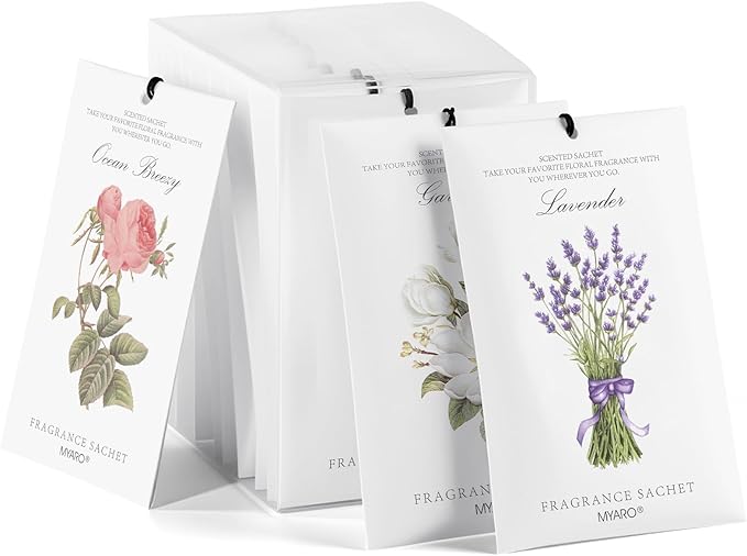 MYARO 12 Packs Scented Sachets for Drawer and Closet, Long-Lasting Sachets Bags Home Fragrance 6 Scents Option- Lavender, Rose, Jasmine, Ocean, Gardenia, Lily