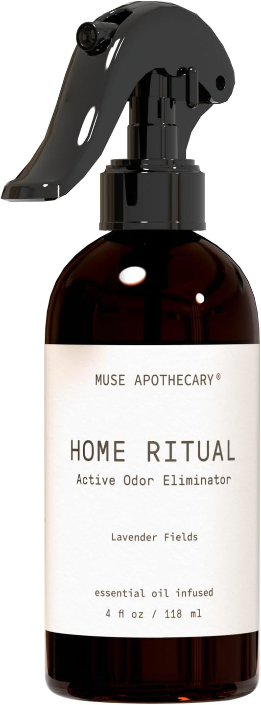 Muse Apothecary Home Ritual Active Odor Eliminator Spray - Furniture Deodorizer Spray & Bathroom Odor Eliminator for Home - Essential Oil Air Freshener - 4oz, Lavender Fields