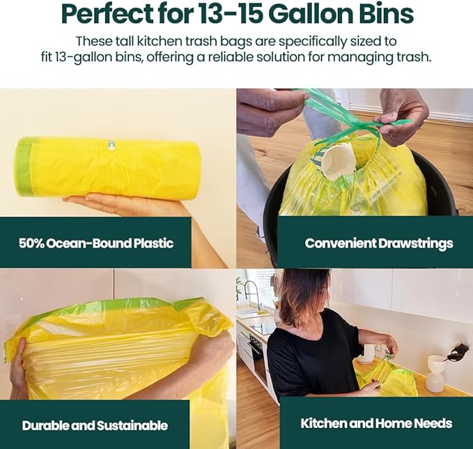 13 Gallon Trash Bags with Drawstrings, 80 Bags Made from 50% Recycled Plastic, Leakproof and Tear-Resistant, Tall Kitchen Garbage Bags for Home and Office