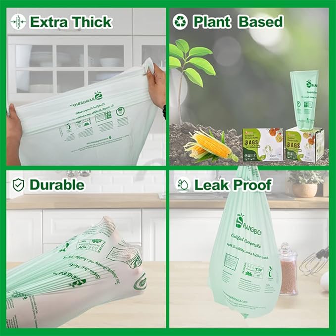 100% Home Compostable Trash Bags 13 Gallon Tall Kitchen, 50 Count, 0.9 Mil, Kitchen Compost Bags, Large Compostable Bags US BPI ASTM D6400 and OK Compost Home Certified