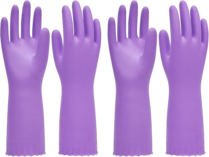 PACIFIC PPE 2 Pairs Reusable Dishwashing Cleaning Gloves with Latex Free, Cotton Lining, Kitchen Gloves, Purple, Large