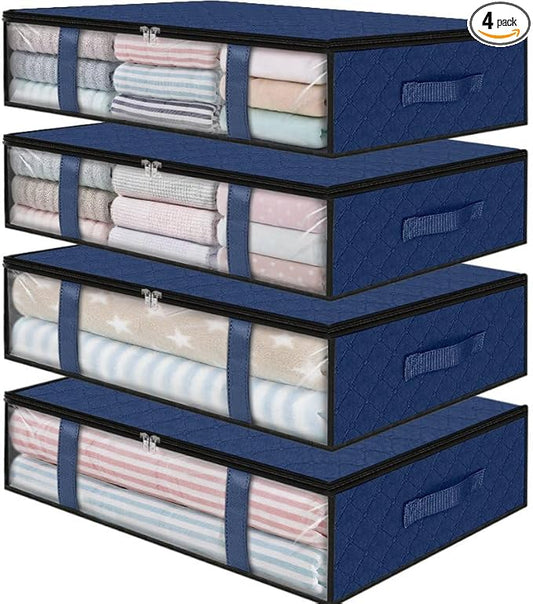 StorageRight Under Bed Storage Bins, 4-Pack 40L Foldable Fabric Storage Bags with Transparent Window, Breathable Organizer for Clothes/Blanket/Comforter/Quilt, Blue