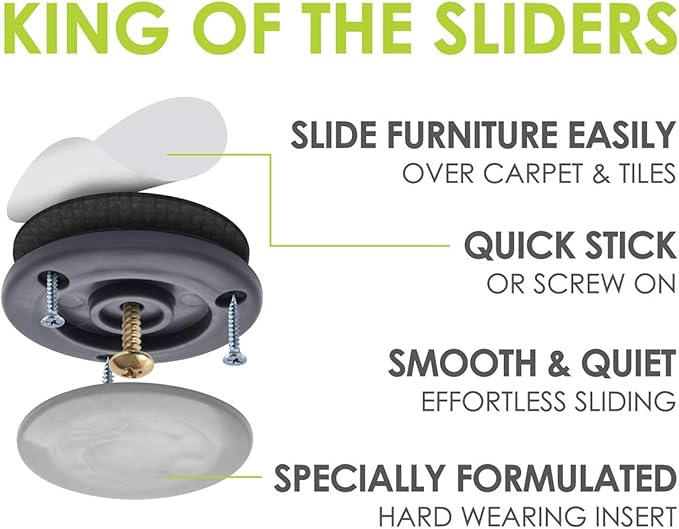 GorillaGlides CB503 2 Inch Furniture Sliders/Screw On Glide Floor Protectors (Set of 4 Glides) Large Furniture Feet Glides for Carpet and Hard Surface Sliding, Round