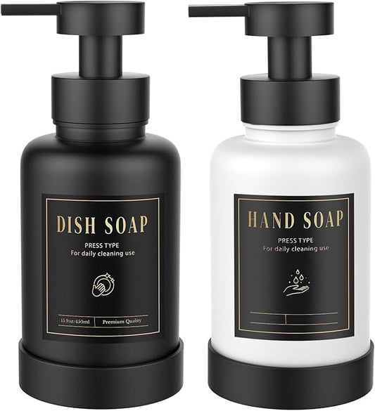 Luxspire Foaming Soap Dispenser, Glass Foam Pump Soap Dispenser, Non-Slip Silicone Sleeve & 5 Waterproof Labels, 15 Oz Refillable Liquid Bottle for Bathroom & Kitchen, Black+White, 2 Pack