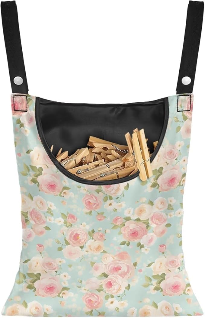 Clothes Pin Hanging Bag, Large Capacity Clothespin Bag Clothes Pin Hanging Bag Space-Saving Organize Clothespin Bag for Outdoor - Rose Pink Pattern