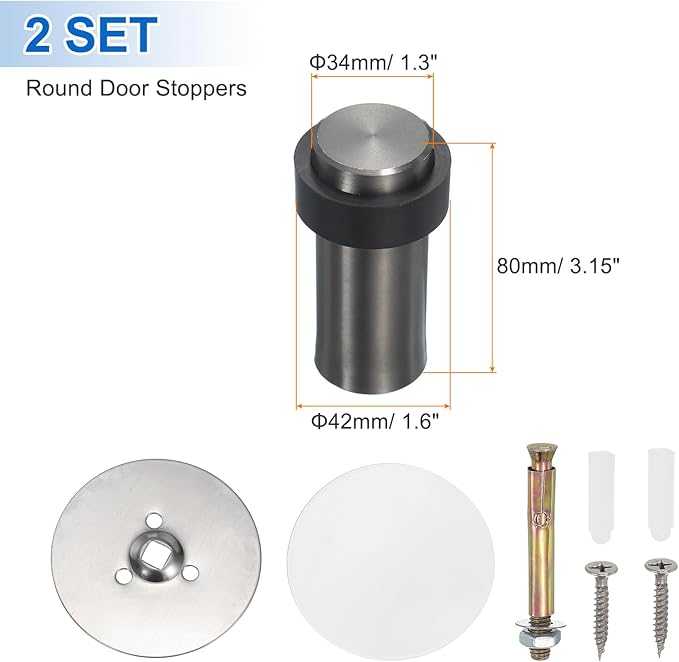 PATIKIL 2Set Round Door Stoppers, 80mm Stainless Steel Door Stop Doorstop Wedge Metal Cylinder Self Adhesive with Screw for Bottom of Door Floor Inside, Gold Tone