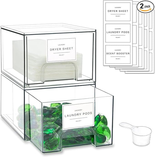 2 Pack Laundry Room Organization Storage Drawers with Labels, Clear Stackable Dryer Sheet Holder and Pod Containers, Detergent Dispenser for Laundry Room Organizing and Decor