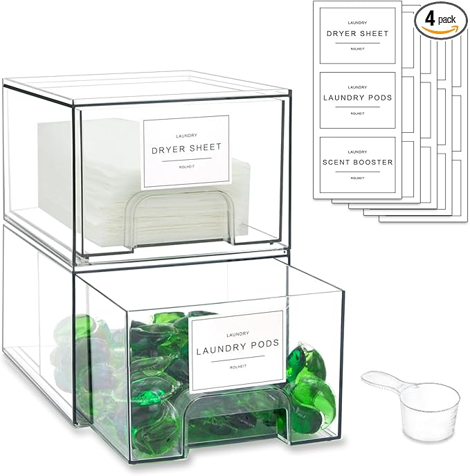 4 Pack Laundry Room Organization Storage Drawers with Labels, Clear Stackable Dryer Sheet Holder and Pod Containers, Detergent Dispenser for Laundry Room Organizing and Decor