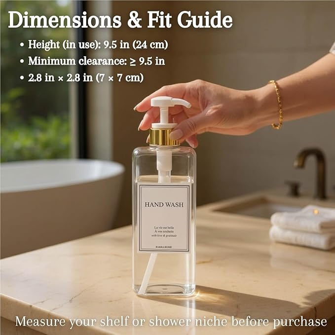 Modern Gold Design Large 27 oz Shampoo and Conditioner Dispensers - Empty Plastic Refillable Pump Bottle Set for Bathroom Shower Soap Dispenser, Set of 3 (Clear & White)