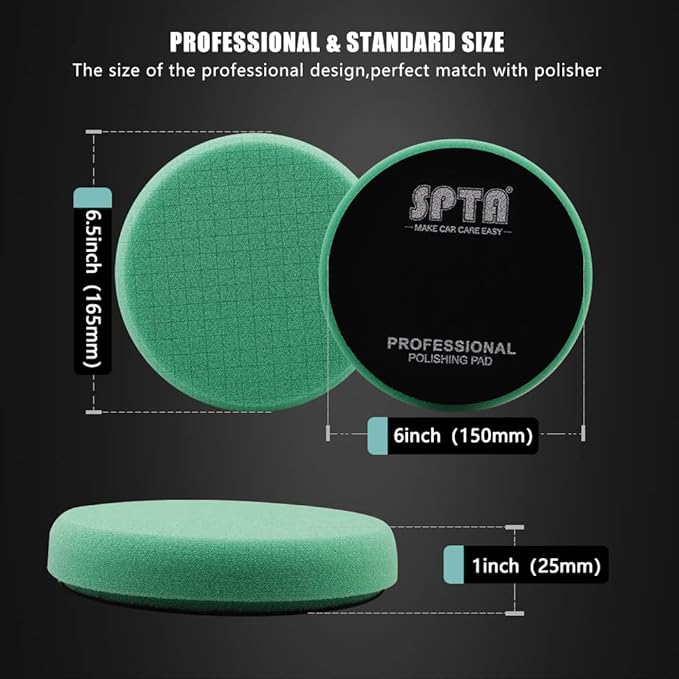 Green Heavy Cut Pad, Buffing Polishing Pads, SPTA 3Pcs 6.5 Inch Face for 6 Inch 150mm Backing Plate Compound Buffing Sponge Pads for Car Buffer Polisher Compounding, Polishing and Waxing -FPTSS6G-3
