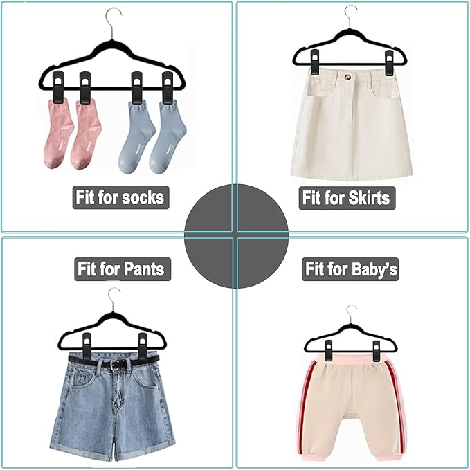 Hanger Clips Perfect for Velvet Hangers (Black, 40 PCS), Non-Slip Plastic Clips Pant Skirt Hanger Clips for Black Flocking Hangers