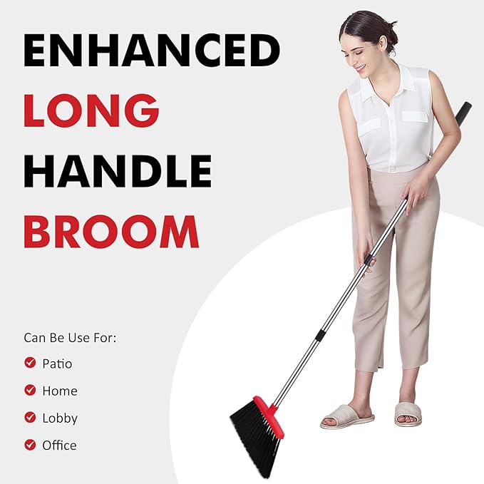 Heavy Duty Broom, 55 Inch Long Handle Outdoor Large Angle Brooms with Holder, Commercial Broom for Sweeping Indoor, for Home Garage Kitchen Office Courtyard Lobby Patio Lawn Concrete, Black Red