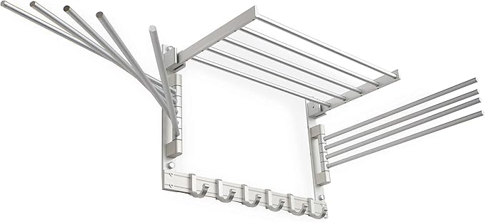 brightmaison BGT Wash Clothes Drying Rack Wall Mount Laundry Room Organizer with Hooks & Swing Arms, 17" Metal Laundry Rack Silver