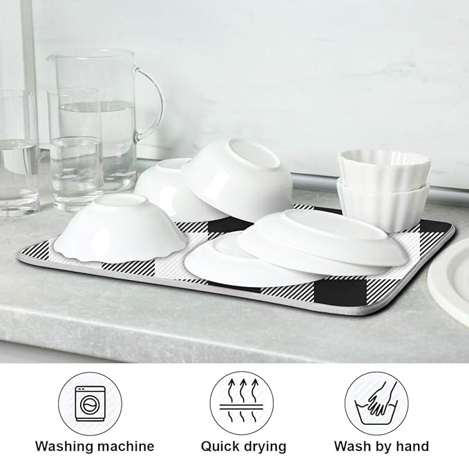 White and Black Buffalo Plaid Dish Drying Mat 18x24 for Kitchen Classic Buffalo Check Dishes Pad Dish Drainer Rack Mats Absorbent Fast Dry Kitchen Accessories