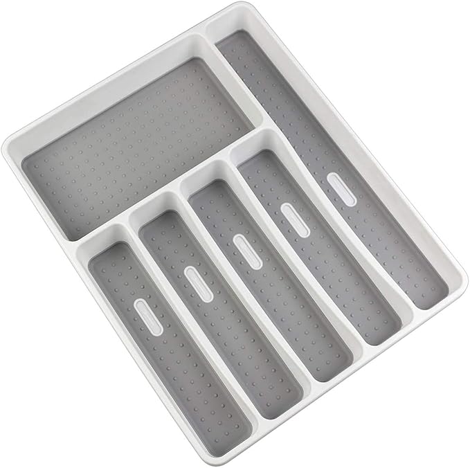 LeMuna Silverware Organizer Tray for Drawer, 6 Compartment Kitchen Drawer Organizer, Soft Grip Lining and Non-Slip Rubber Feet, Flatware Plastic Cutlery Tray