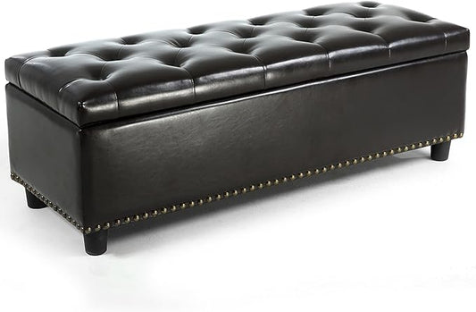 BELLEZE 47" Storage Ottoman, Storage Bench with Safety Close Hinge, Faux Leather Button-Tufted Ottoman for Living Room, Entryway, Hallway, Foot Rest, Support 300lbs - Dark Brown