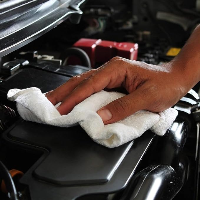 Shop Towels (White, 25-Pack) - Bulk Cleaning Towel in a Bag, Mechanic Cotton Wipes for Car Maintenance, Auto Mechanics & Garage, Wipe Grease & Oil, Machine Wash & Reusable
