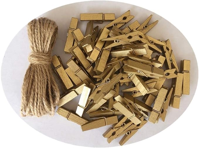DurReus Small Wooden Clips Cute 1.5 Inch Clothespin Photo Paper DIY Craft Holder with Jute Twine Gold Pack 50