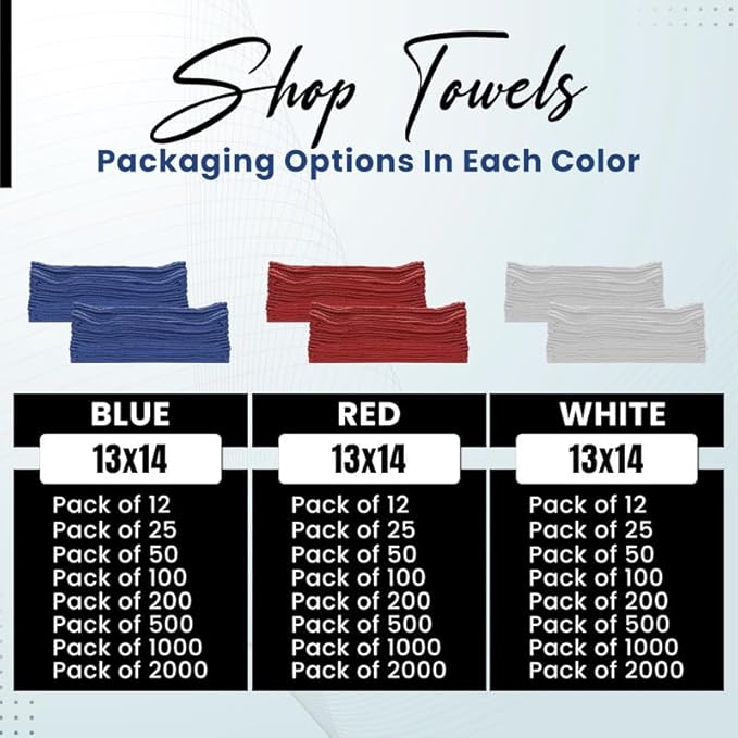Shop Towels (White, 25-Pack) - Bulk Cleaning Towel in a Bag, Mechanic Cotton Wipes for Car Maintenance, Auto Mechanics & Garage, Wipe Grease & Oil, Machine Wash & Reusable