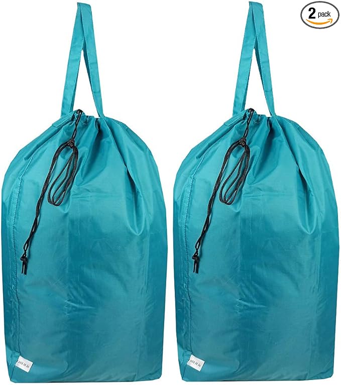Tear Proof Nylon Laundry Bag with Handles (2 Pack),Travel Laundry Bag with Drawstring Closure,Dirty Clothes Bag Fit Most Laundry Hamper or Basket,27.5x34.5 in,Blue Aqua