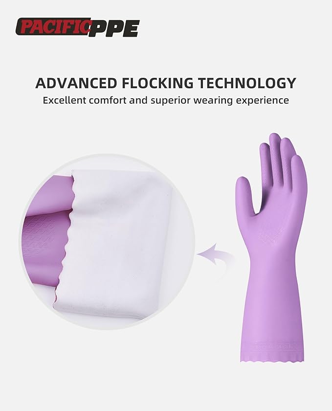 PACIFIC Cleaning Gloves with Latex free, Dishwashing Kitchen Gloves with Cotton Flocked Liner, Reusable, Non-Slip, Water Resistant Household Gloves, Purple, Medium