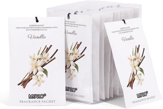 MYARO 12 Packs Vanilla Scented Sachets for Drawer and Closet, Long-Lasting Closet Sachet Bags Drawer deodorizers Fresh Scents, Home Fragrance for Lover
