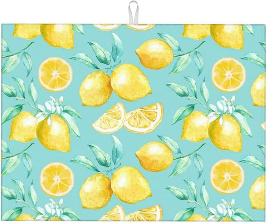 Spring Yellow Lemon Teal Background Microfiber Dish Drying Mat For Kitchen Countertop Xl Absorbent Reversible Drainer Rack Pad Extra Large 18 X 24 Inch