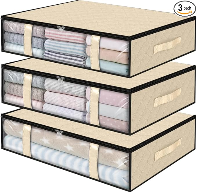StorageRight Under Bed Storage Bins, 3-Pack 40L Foldable Fabric Storage Bags with Transparent Window, Breathable Organizer for Clothes/Blanket/Comforter/Quilts,Beige