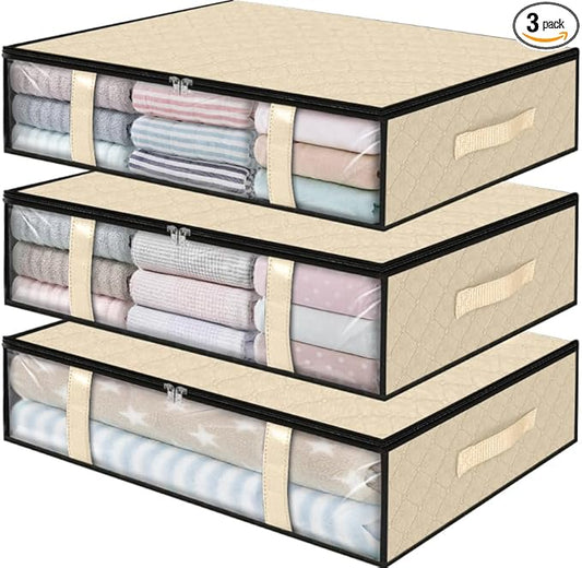 StorageRight Under Bed Storage Bins, 3-Pack 40L Foldable Fabric Storage Bags with Transparent Window, Breathable Organizer for Clothes/Blanket/Comforter/Quilts,Beige