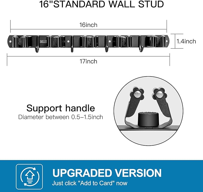 IMILLET 2 Pack Broom and Mop Holder Wall Mounted, Broom Holder Stainless Steel Broom Organizer Heavy Duty Tools Organizer Self Adhesive for Laundry Room Garage Garden（5 Racks and 4 Hooks）