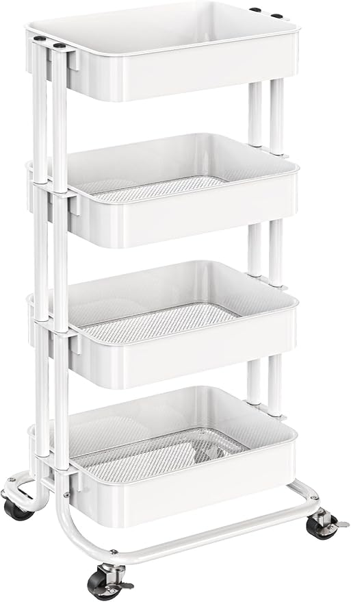 Pipishell 4 Tier Metal Rolling Utility Cart, Heavy-Duty Storage Rolling Cart with 2 Lockable Wheels, Multifunctional Mesh Organization Utility Cart for Kitchen Dining Room Living Room, PIUC13W
