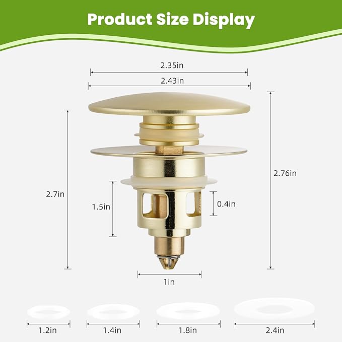 Universal 2PCS Bathroom Sink Stopper 2 in 1 Pop Up Metal Sink Drain Strainer with Hair Catcher, Fit for 1.1~2.36" Sink Basin Hole, Big Cover Cap, Anti-clog, Brushed Gold
