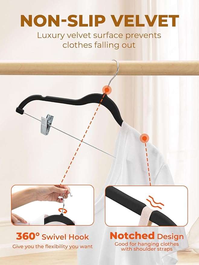 HOUSE DAY Velvet Skirt Hangers 72 Pack, Black Velvet Hanger with Adjustable Clips, Space Saving Slim Pant Hangers, Heavy Duty Non Slip Clip Hanger for Pants, Skirts, Shorts