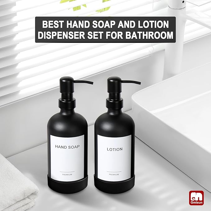 GMISUN Black Soap Dispenser with Silicone Sleeve Boot, 2 Pack Glass Bathroom Hand Soap Dispensers with Stainless Steel Pump, 17 Fl Oz Kitchen Hand and Dish Soap Dispenser Set, Liquid Dispensers Bottle