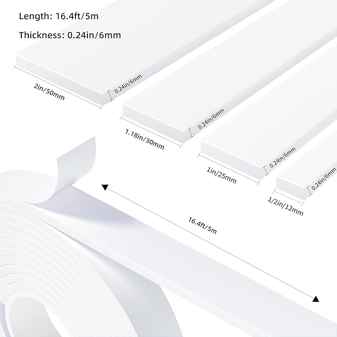 Weather Stripping Door Seal White,1Inch Wide X 1/4 Inch Thick,Air Conditioner Window Seal,Self Adhesive Foam Tape High Density Foam Sealing Strip,Door Soundproof Foam Tape Roll,2 Rolls Total 32.8Ft