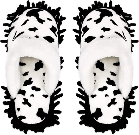 Microfiber Floor Mop Slippers House Dust Cleaning Tool Detachable Washable Shoes for Kitchen House Cleaning (Women 8.5-9/Men 11-11.5, Cow pattern)
