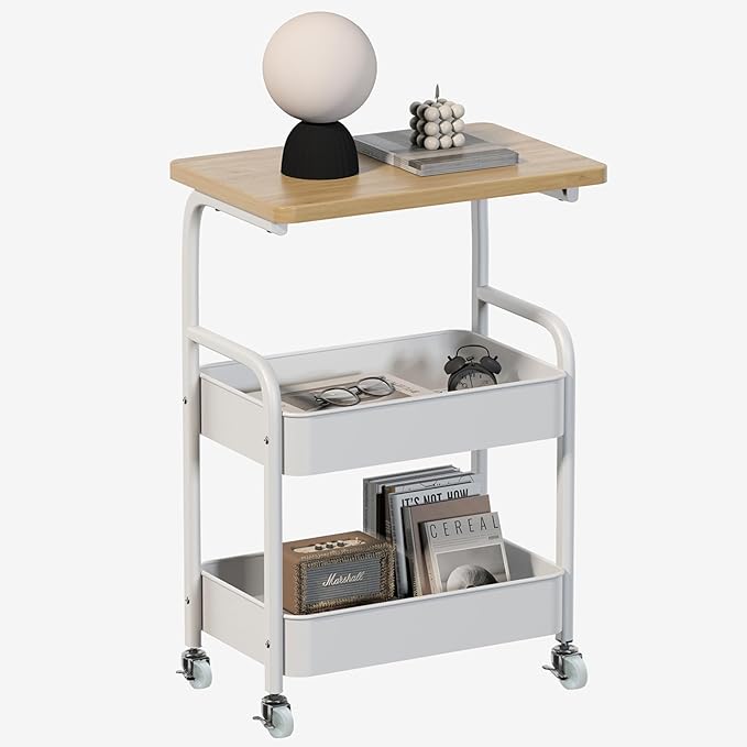 Rolling Cart with Wooden Tabletop 3-Tier Metal Utility Rolling Cart Storage Organizer with Lockable Wheels for Kitchen, Office, Bedroom