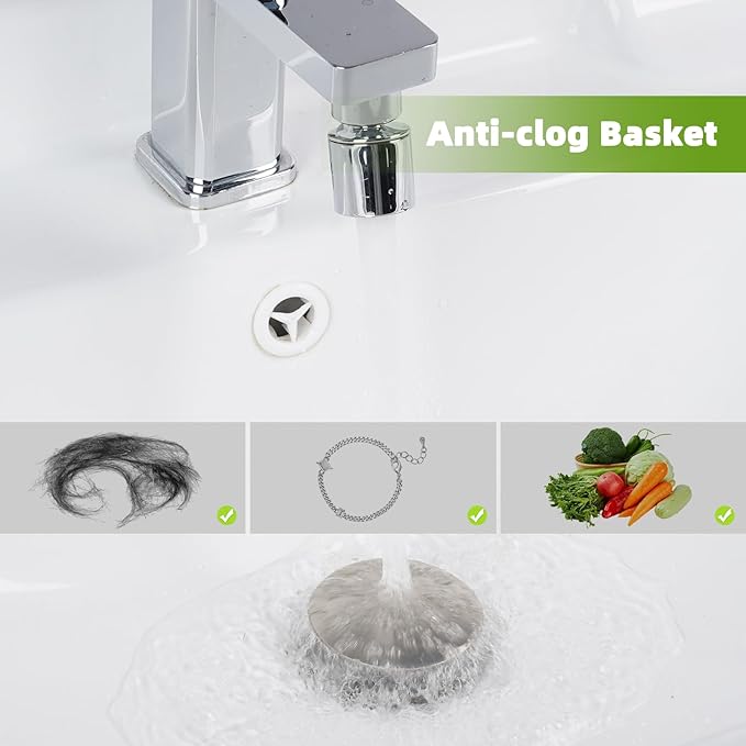 Universal Bathroom Sink Drain Strainer Hair Catcher Upgraded with Removable Stainless Steel Filter Basket, 2 in 1 Pop Up Sink Stopper for 1.1''~2.36'' Sink Basin Hole, Big Cover Cap, Brushed Nickel