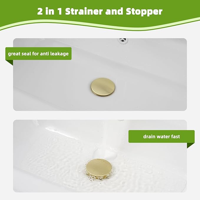 Universal 2PCS Bathroom Sink Stopper 2 in 1 Pop Up Metal Sink Drain Strainer with Hair Catcher, Fit for 1.1~2.36" Sink Basin Hole, Big Cover Cap, Anti-clog, Brushed Gold