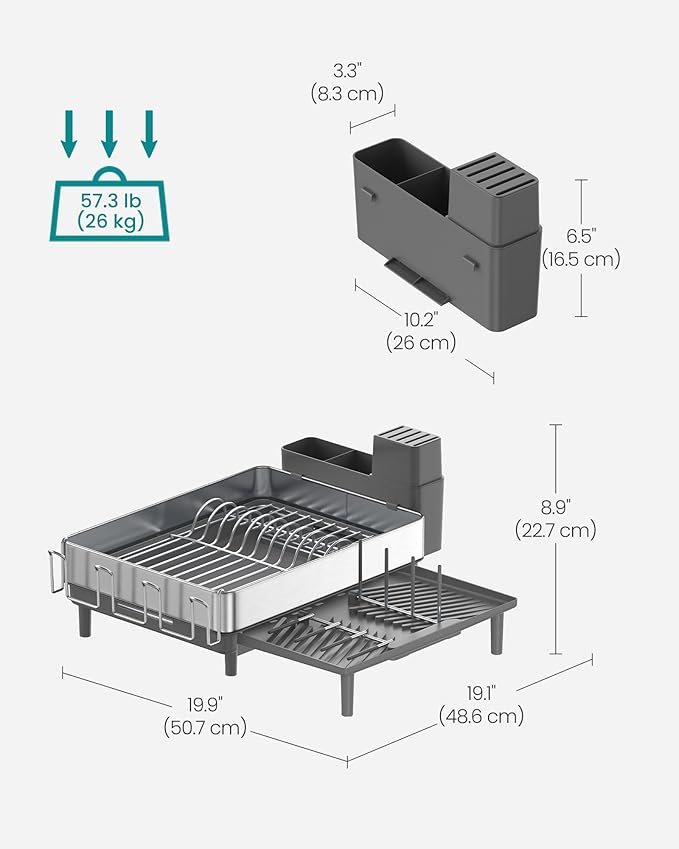 SONGMICS Large Dish Drying Rack, Expandable Dish Dryer for Kitchen Counter, Stainless Steel Dish Rack with Rotatable Spout, Utensil, Cup, Glass, Cutting Board, Pan Holders, Silver and Gray UKCS037G01