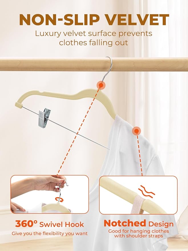 HOUSE DAY Velvet Skirt Hangers 12 Pack, Beige Velvet Pant Hangers with Adjustable Clips, Space Saving Slim Shorts Hanger, Heavy Duty Non Slip Clip Hanger for Pants, Skirts, Shorts